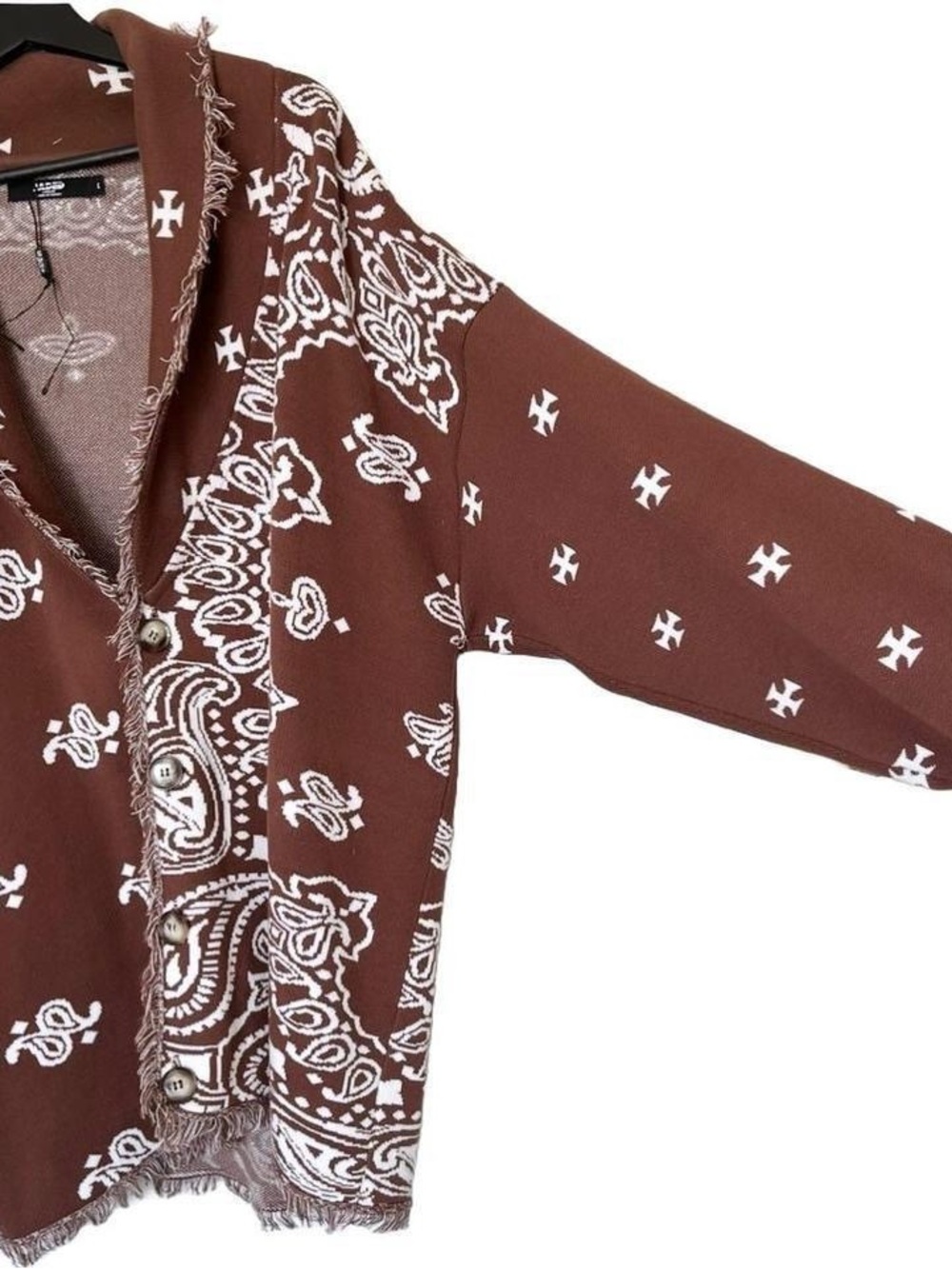 Jaded London Brown Paisley Shawl-Collar Cardigan Jacket Boho Fringe Tapestry - Picture 7 of 8